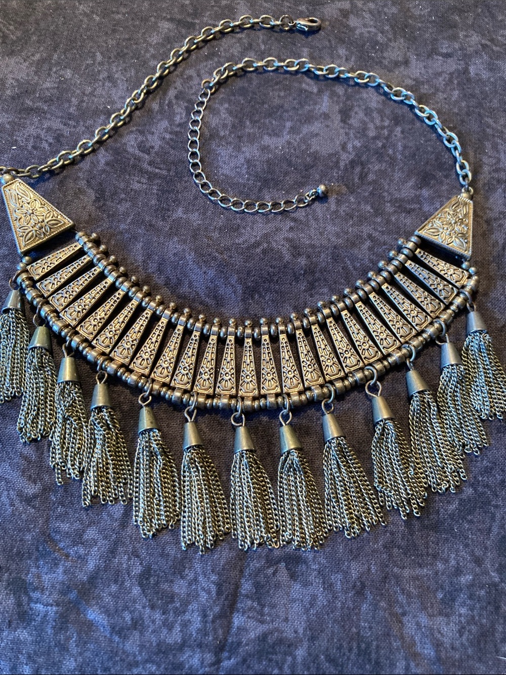Bohemian Antique Metal Look Tassel Statement Necklace